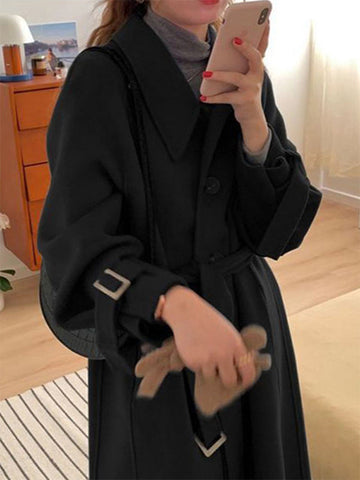 Airchics longue manteau en laine boutonnage avec poches ceinture col revers femme casual mode noir